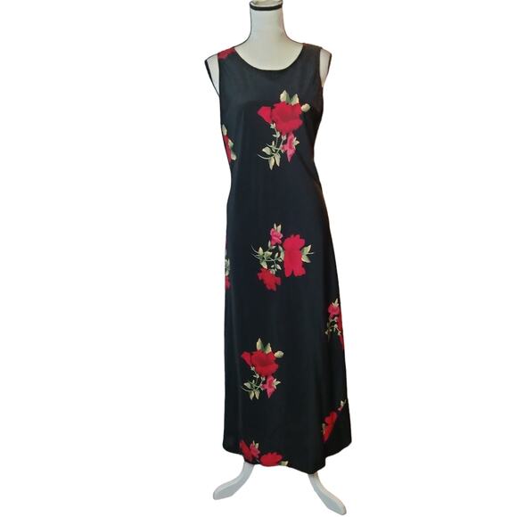 Vintage 90s Styleworks Women's Sz 12 Black Floral Print Maxi Sheath Dress - Picture 1 of 6